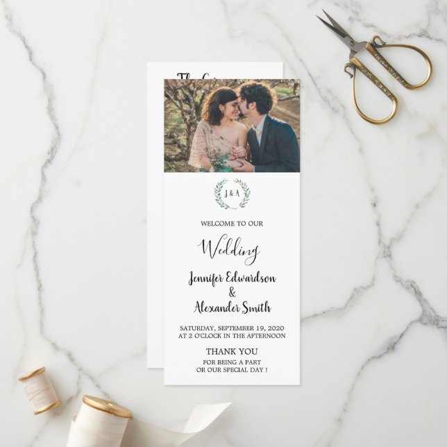 Rustikale Aquarell Blätter Foto Hochzeit Programm (Vorderseite/Rückseite Beispiel)