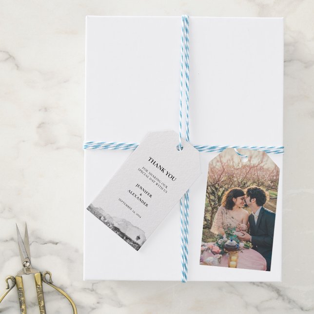 Rustikale Aquarell danke Foto Hochzeit Geschenkanhänger (Rustic watercolor thank you photo mountain wedding gift tags.)