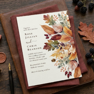 Rustikale Aquarell-Herbst-Blätter-Beeren-Hochzeit Einladung