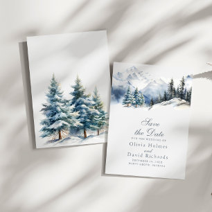 Rustikale Aquarell-Schneebebirg-Kiefern-Hochzeit Save The Date