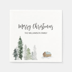 Rustikale Aquarellbäume Holzhütte frohe Weihnachte Serviette