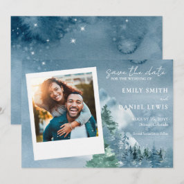 Rustikale Aquarellbäume und Gebirge Dusky Blau Save The Date