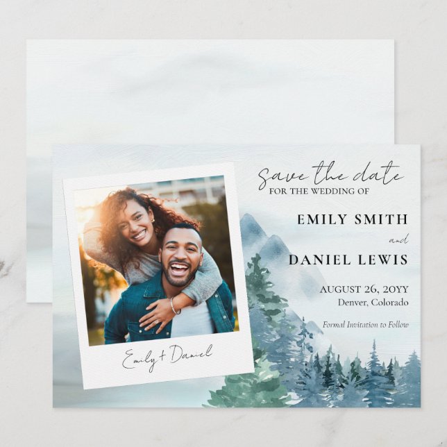 Rustikale Aquarellbäume und Gebirge Dusty Blue Save The Date (Vorne/Hinten)