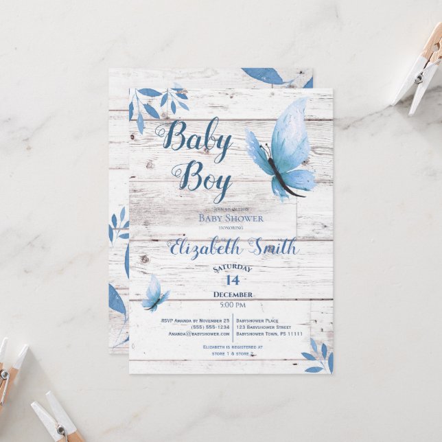 Rustikale Aquarellblauer Schmetterling Blumenbabyd Einladung (Vorderseite/Rückseite Beispiel)