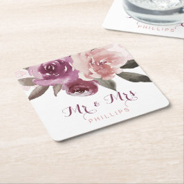 Rustikale Aquarellblütenhochzeit Herr und Frau Rechteckiger Pappuntersetzer
