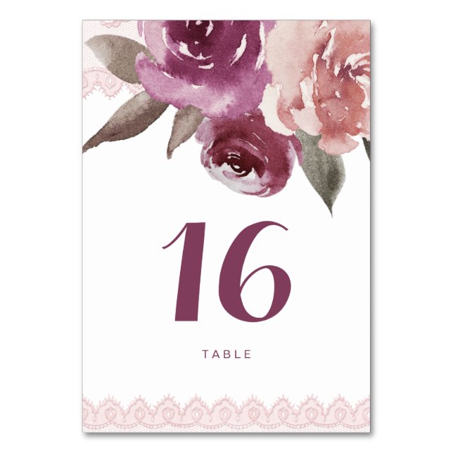 Rustikale Aquarellblütenkarte Hochzeitstisch Tischnummer (Vorderseite)