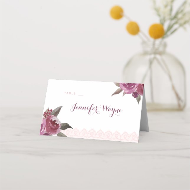 Rustikale Aquarellblütenlace Hochzeiten Platzkarte (Vorderseite)