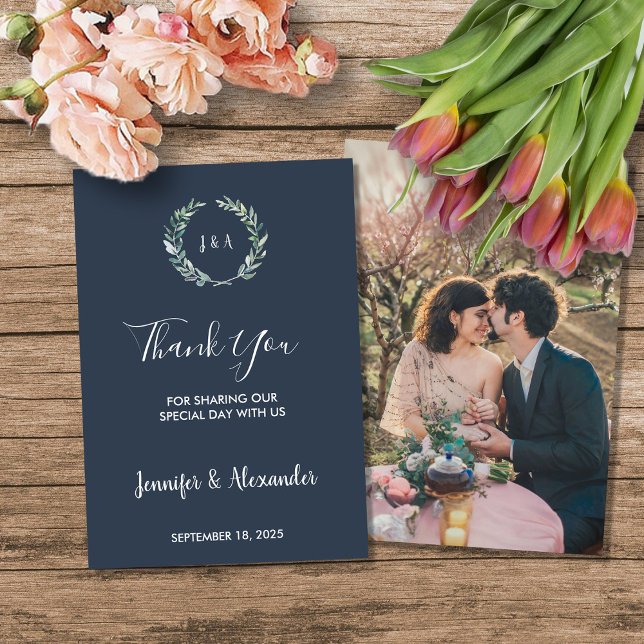 Rustikale Aquarellfarben Blätter Danke Foto Hochze Einladung (Rustic watercolor leaves Thank you photo country wedding card.)