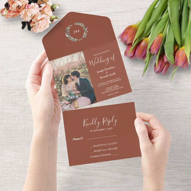 Rustikale Aquarellfarben Blätter Monogramm Foto Ho All In One Einladung (Von Creator hochgeladen)