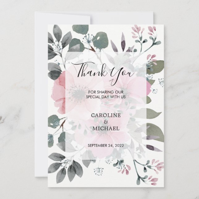 Rustikale Aquarellfarben Blume Danke Hochzeitskart Einladung (Vorderseite)