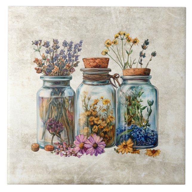 Rustikale Aquarellgläser mit Kräutern Blumen Fliese (Vorderseite)
