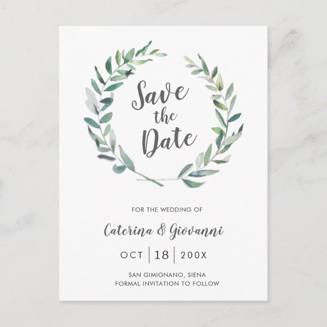 Rustikale Aquarellgrüne Nicht-Foto Save the Date Ankündigungspostkarte (Vorderseite)
