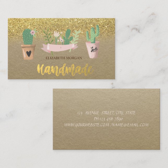 Rustikale Aquarellkaktus Blume Gold Glitzer Visitenkarte (Vorne/Hinten)