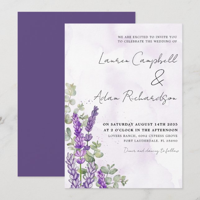 Rustikale Aquarelllavender & Eucalyputus Wedding Einladung (Vorne/Hinten)
