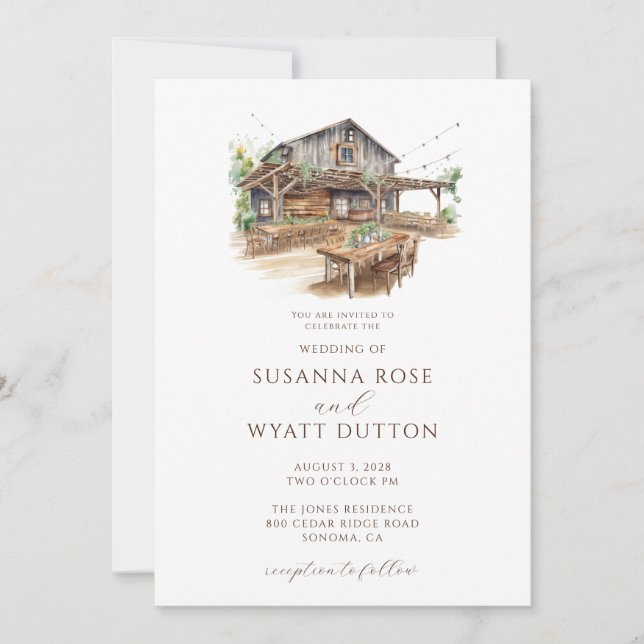 Rustikale Aquarellmühle Einladung zur Hochzeit (Vorderseite)