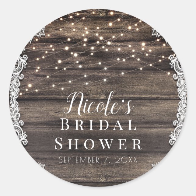 Rustikale Asche Brown Wood Lace & Lights Wedding B Runder Aufkleber (Vorderseite)