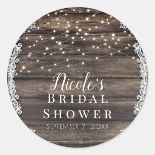Rustikale Asche Brown Wood Lace & Lights Wedding B Runder Aufkleber