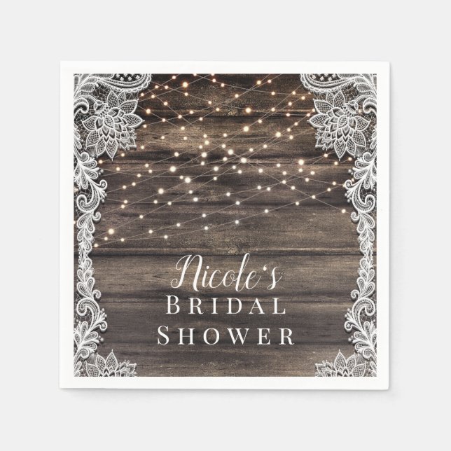 Rustikale Asche Brown Wood Lace & Lights Wedding B Serviette (Vorderseite)
