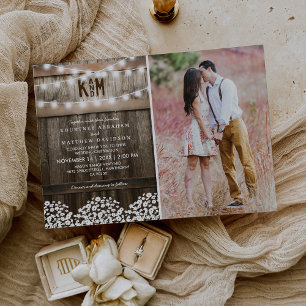 Rustikale Baby-Atem-Lichterkette Foto-Hochzeit Einladung
