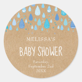 Rustikale Baby-Blue-Regentropfen Babydusche Runder Aufkleber