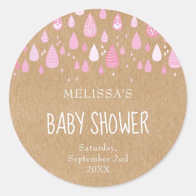 Rustikale Baby-Rosa-Regentropfen Babydusche Runder Aufkleber (Vorderseite)