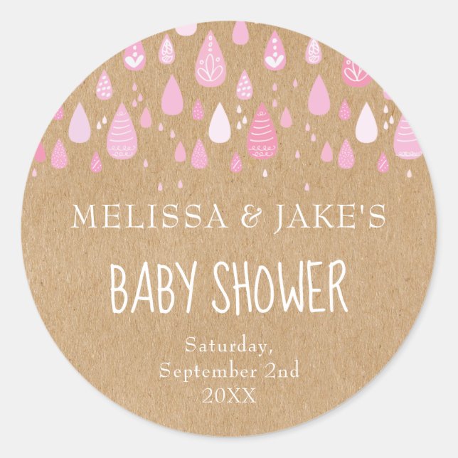 Rustikale Babypink-Regentropfen Paare Babydusche Runder Aufkleber (Vorderseite)