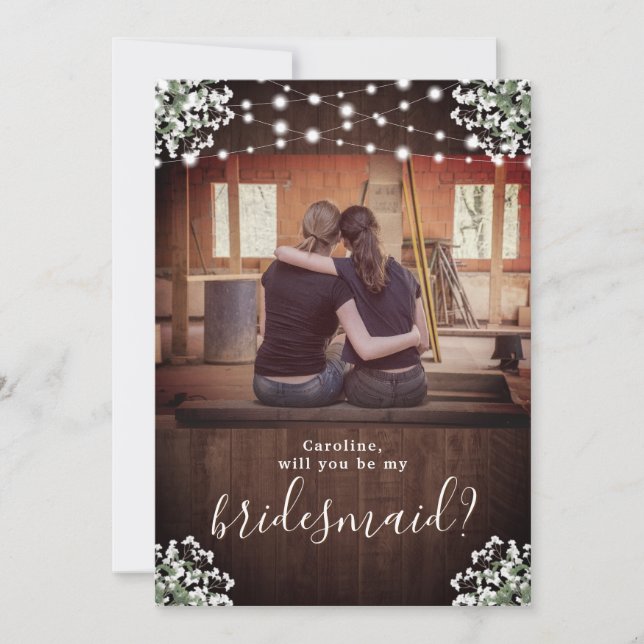 Rustikale Babys Atembeleuchtung ist meine Bridesma Einladung (Vorderseite)