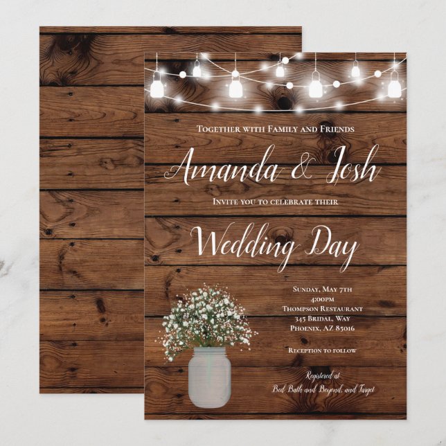Rustikale Babys Breath Mason Jar Country Wedding Einladung (Vorne/Hinten)