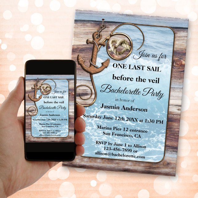 Rustikale Bachelorette Einladung (Nautical themed bachelorette invitation showing an image of an ocean framed by rustic weathered wood)