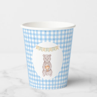 Rustikale Bär Blau Wasserfarbe Gingham-Baby-Party Pappbecher