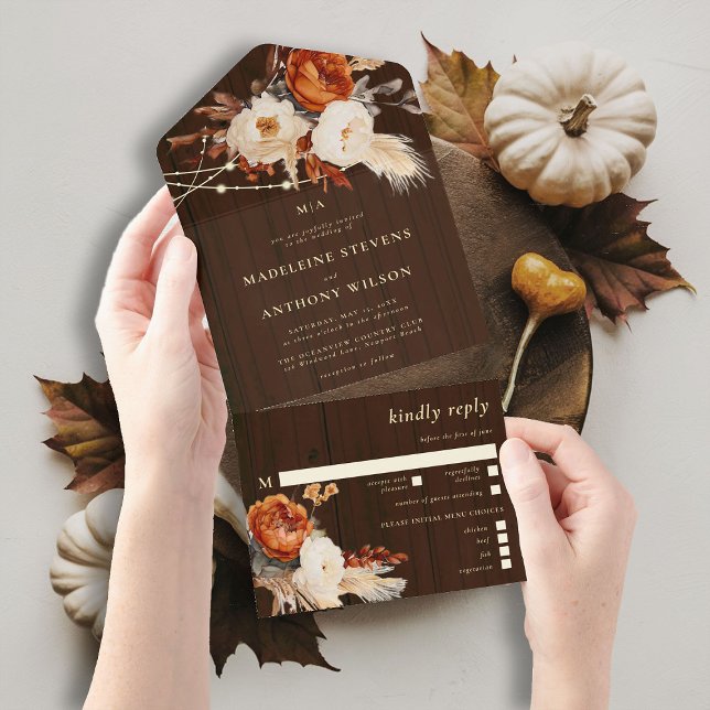 Rustikale Barblume Botanischer Fall Boho Hochzeit All In One Einladung (rustic barn wedding invitation all in one burnt orange boho floral botanical rust terracotta)