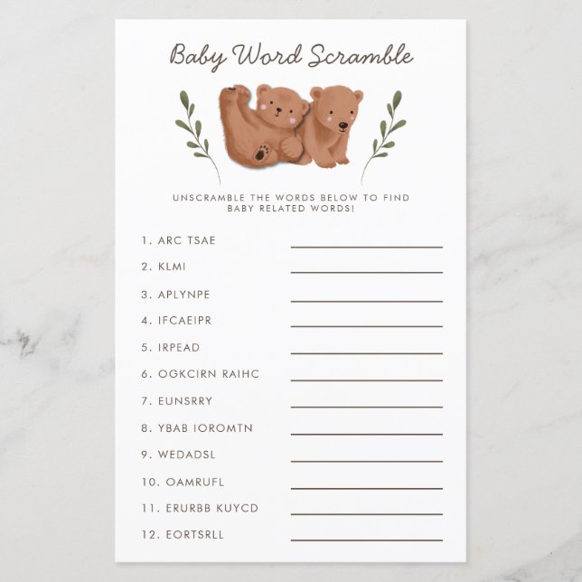 Rustikale Bären Twins Baby Word Scramble Game (Vorderseite)