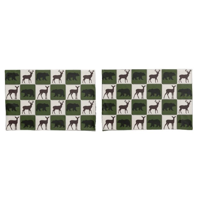 Rustikale Bären- und Hirschplätze, dunkelgrüne und Kissenbezug (Vorderseite-Set)