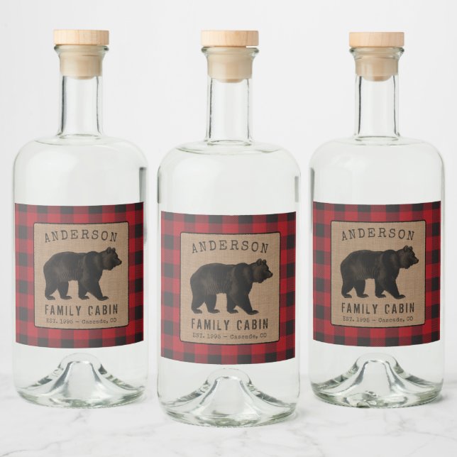 Rustikale Bärenfamilie - rote Karierte Burlap-Labe Alkoholflaschenetikett (Flaschen)
