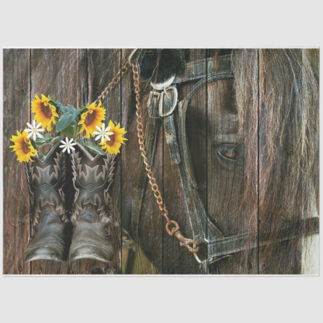 Rustikale Barn Board Pferde Cowboy Boots Sonnenblu Seidenpapier (Vorderseite)