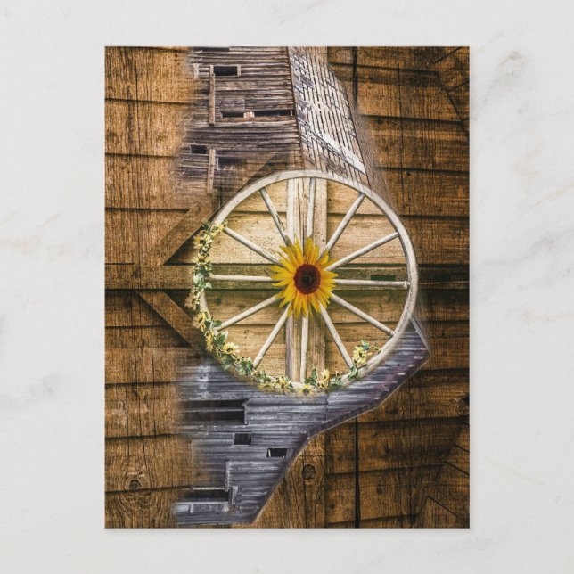 Rustikale Barn Wagon Wheel Sonnenblume Postkarte (Vorderseite)