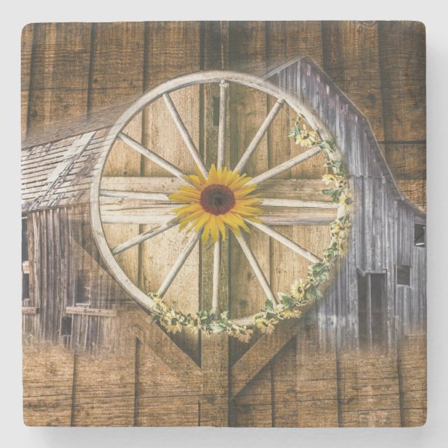 Rustikale Barn Wagon Wheel Sonnenblume Steinuntersetzer (Vorderseite)