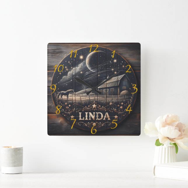 Rustikale Barnacht Sky Wood Carving Art Quadratische Wanduhr (Zuhause)