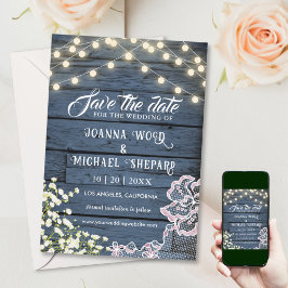 Rustikale Barnavy Blue Holzwand String Lights & La Save The Date