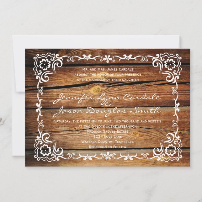 Rustikale Barnholz-Scroll Rahmen Hochzeitseinladun Einladung (Vorderseite)