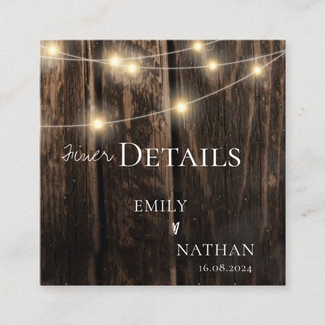 Rustikale Barnholz-String Lights Country Wedding Begleitkarte (Vorderseite)