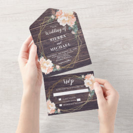 Rustikale Barnwood Floral Peach Cream Gold Wedding All In One Einladung