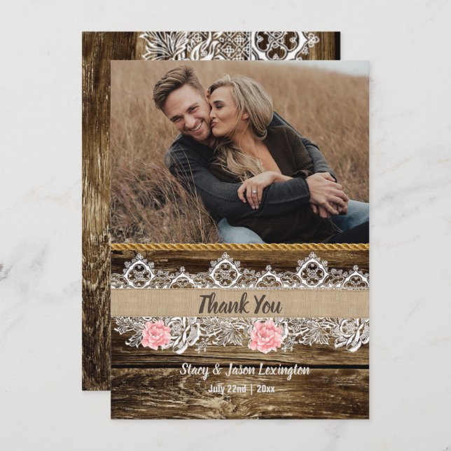 Rustikale Barnwood & Lace Wedding Dankeskarte (Vorne/Hinten)