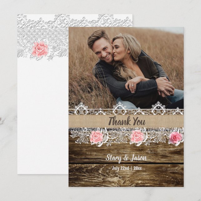 Rustikale Barnwood & Lace Wedding Dankeskarte (Vorne/Hinten)