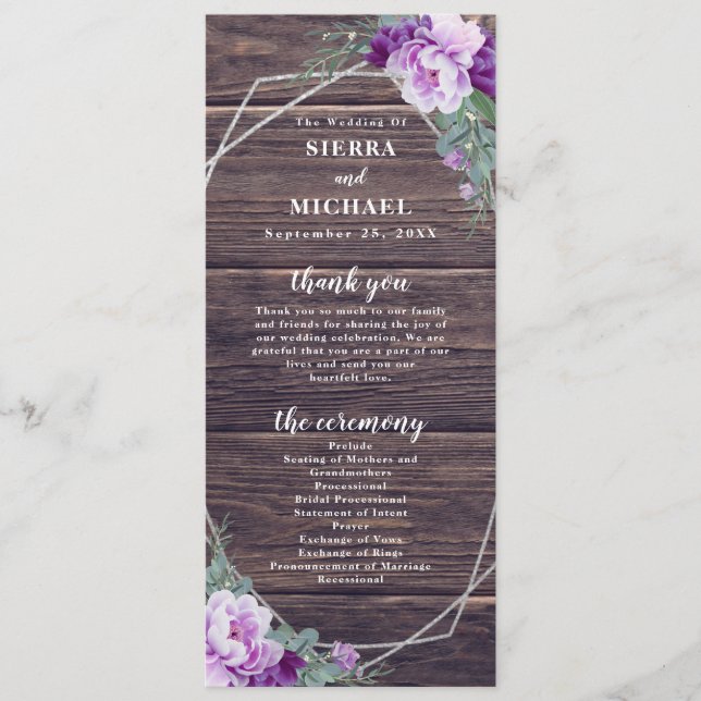 Rustikale Barnwood Lila & Silver Floral Wedding Programm (Vorderseite)