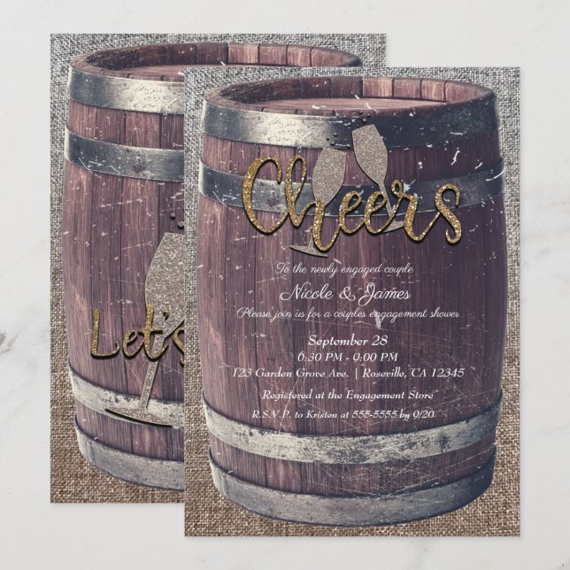Rustikale Barrel & Burlap Cheers Pub Engagement Pa Einladung (Vorne/Hinten)