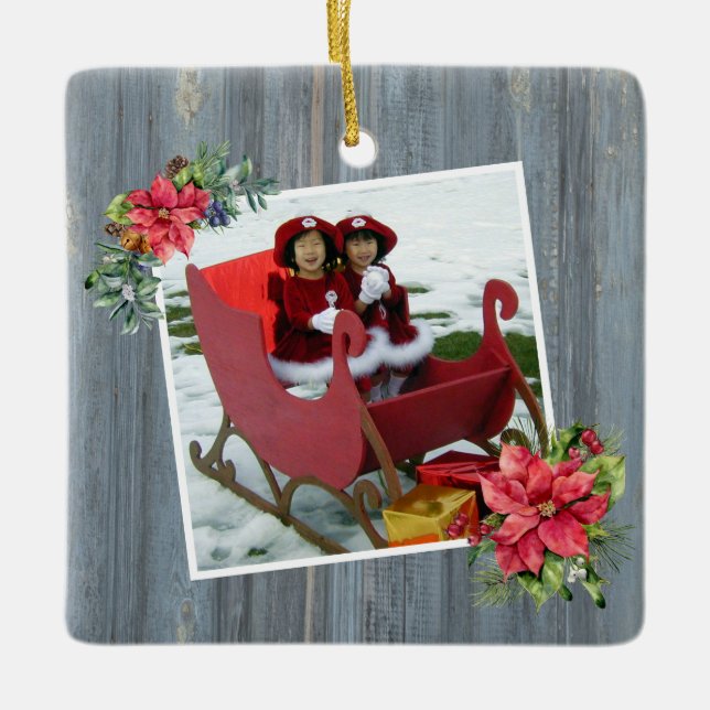 Rustikale Barriere und Poinsettias | Foto Keramikornament (Vorderseite)