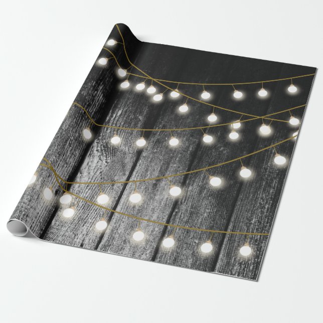 Rustikale Barschschwarz Holz Gold String Lights Geschenkpapier (Ungerollt)