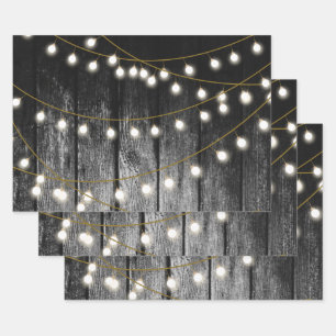 Rustikale Barschschwarz Holz Gold String Lights Geschenkpapier Set