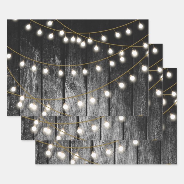 Rustikale Barschschwarz Holz Gold String Lights Geschenkpapier Set (Set)